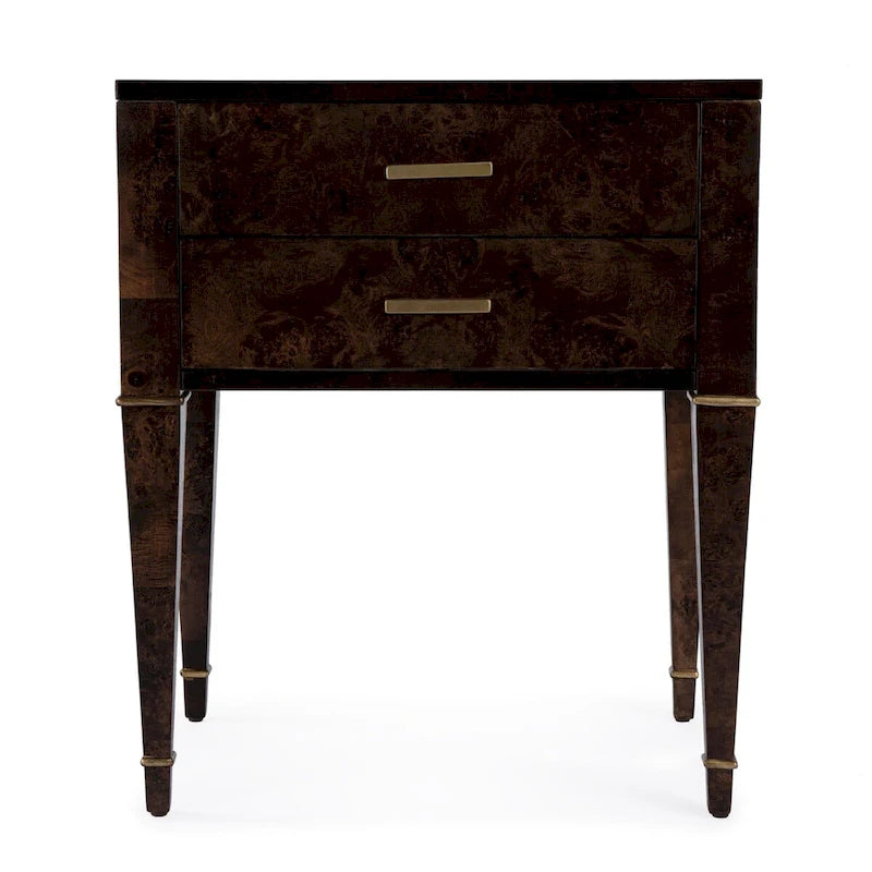 Table d'appoint placage loupe avec 2 tiroirs et pieds coniques dorés, style Mid-Century