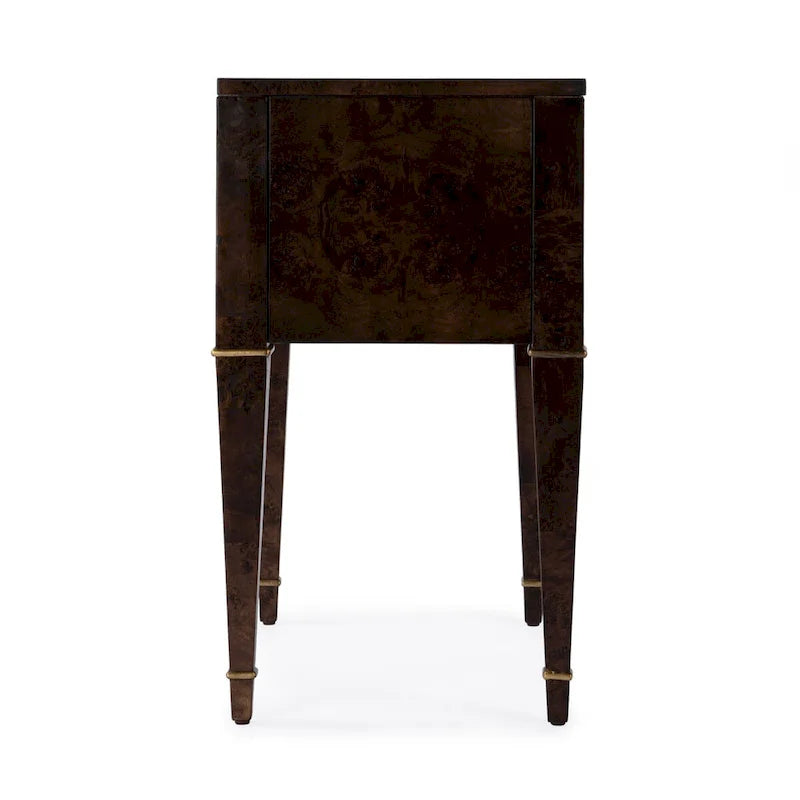 Table d'appoint placage loupe avec 2 tiroirs et pieds coniques dorés, style Mid-Century
