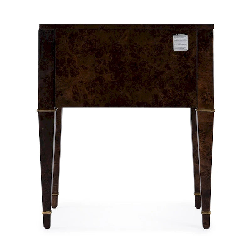 Table d'appoint placage loupe avec 2 tiroirs et pieds coniques dorés, style Mid-Century
