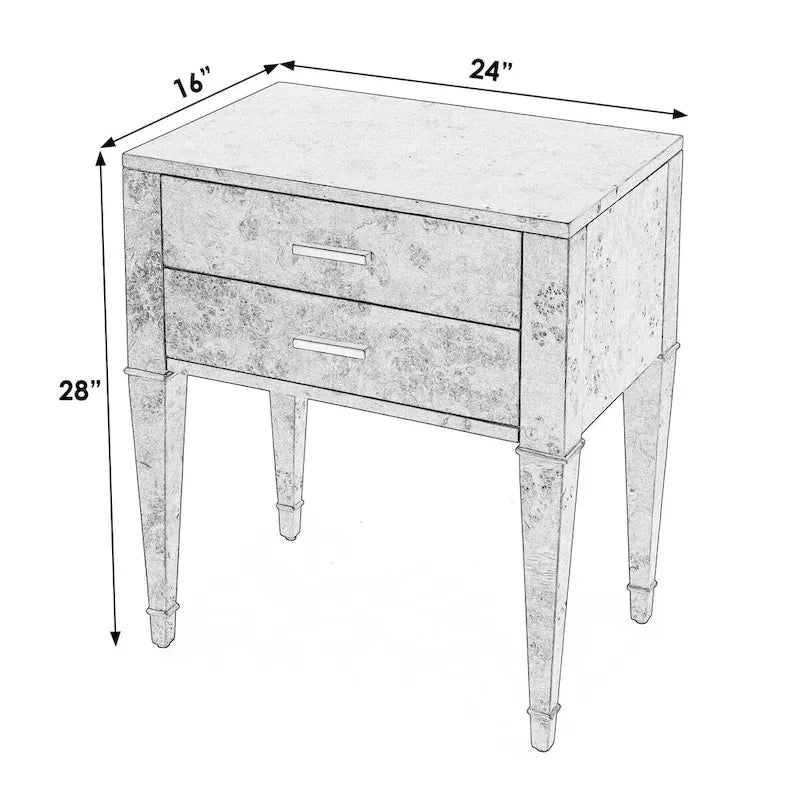 Table d'appoint placage loupe avec 2 tiroirs et pieds coniques dorés, style Mid-Century