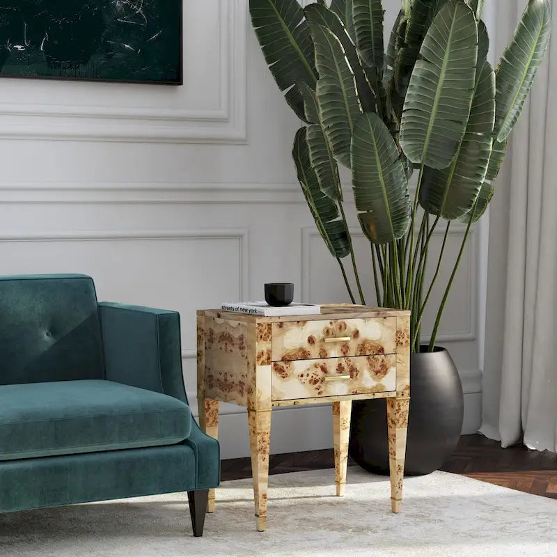 Table d'appoint placage loupe avec 2 tiroirs et pieds coniques dorés, style Mid-Century