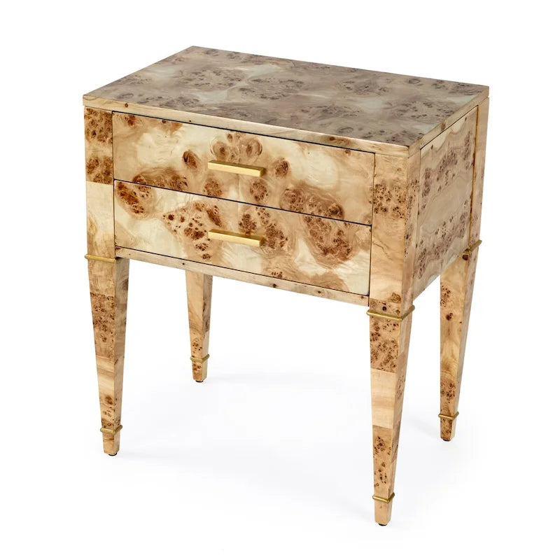 Table d'appoint placage loupe avec 2 tiroirs et pieds coniques dorés, style Mid-Century