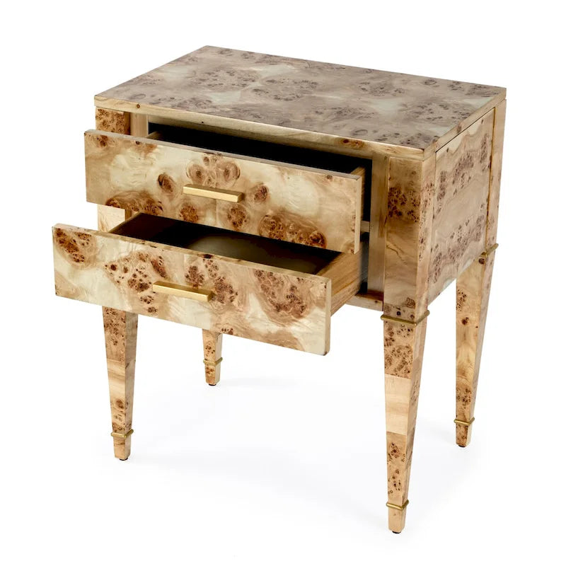 Table d'appoint placage loupe avec 2 tiroirs et pieds coniques dorés, style Mid-Century