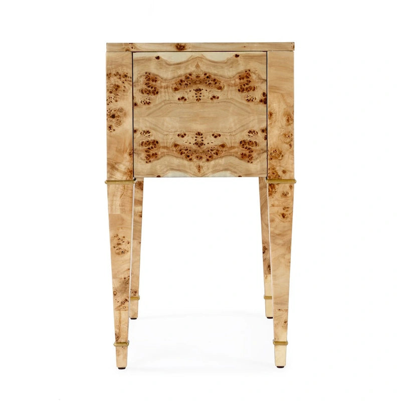 Table d'appoint placage loupe avec 2 tiroirs et pieds coniques dorés, style Mid-Century