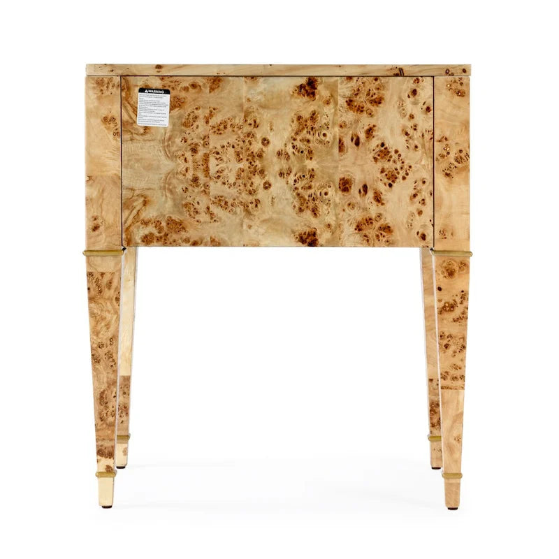 Table d'appoint placage loupe avec 2 tiroirs et pieds coniques dorés, style Mid-Century