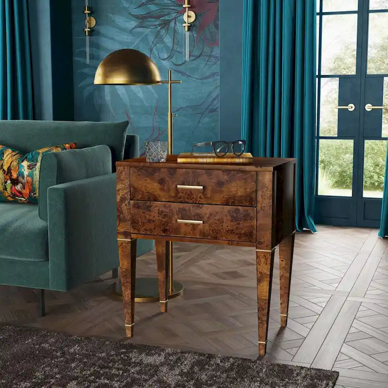 Table d'appoint placage loupe avec 2 tiroirs et pieds coniques dorés, style Mid-Century