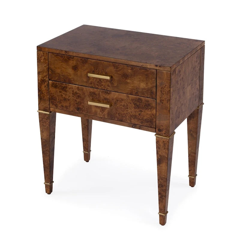 Table d'appoint placage loupe avec 2 tiroirs et pieds coniques dorés, style Mid-Century