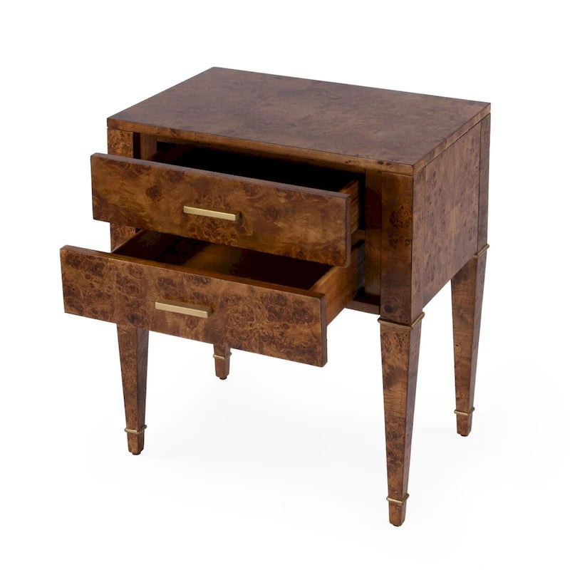 Table d'appoint placage loupe avec 2 tiroirs et pieds coniques dorés, style Mid-Century