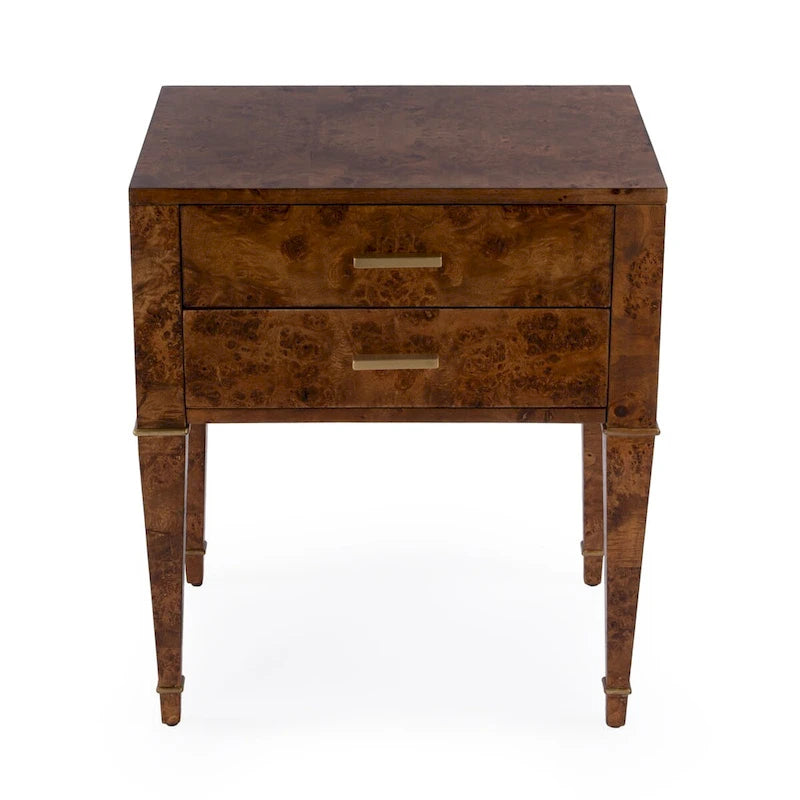 Table d'appoint placage loupe avec 2 tiroirs et pieds coniques dorés, style Mid-Century