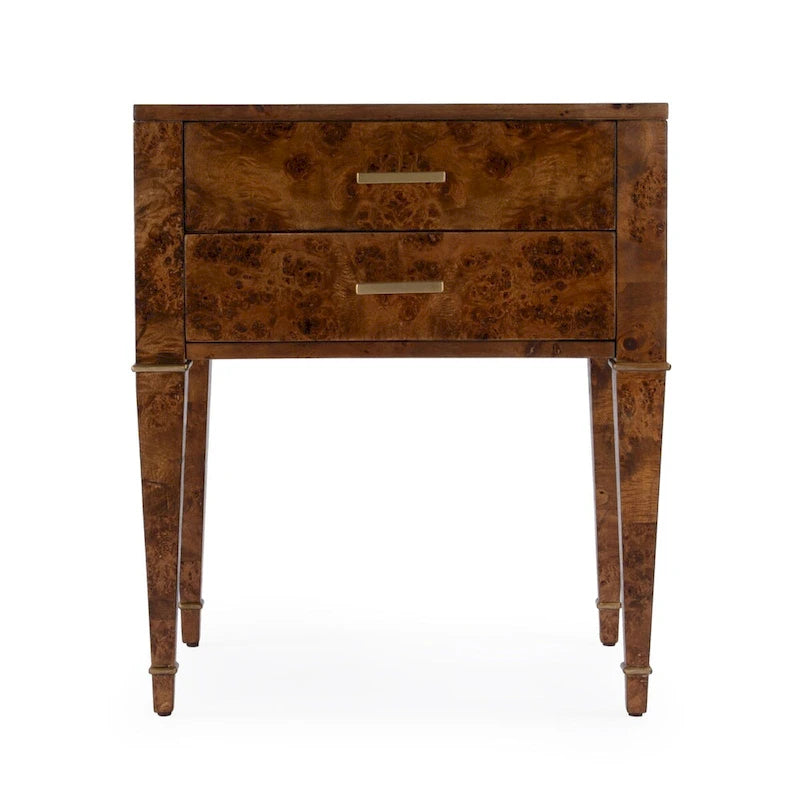 Table d'appoint placage loupe avec 2 tiroirs et pieds coniques dorés, style Mid-Century