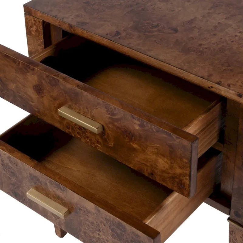 Table d'appoint placage loupe avec 2 tiroirs et pieds coniques dorés, style Mid-Century