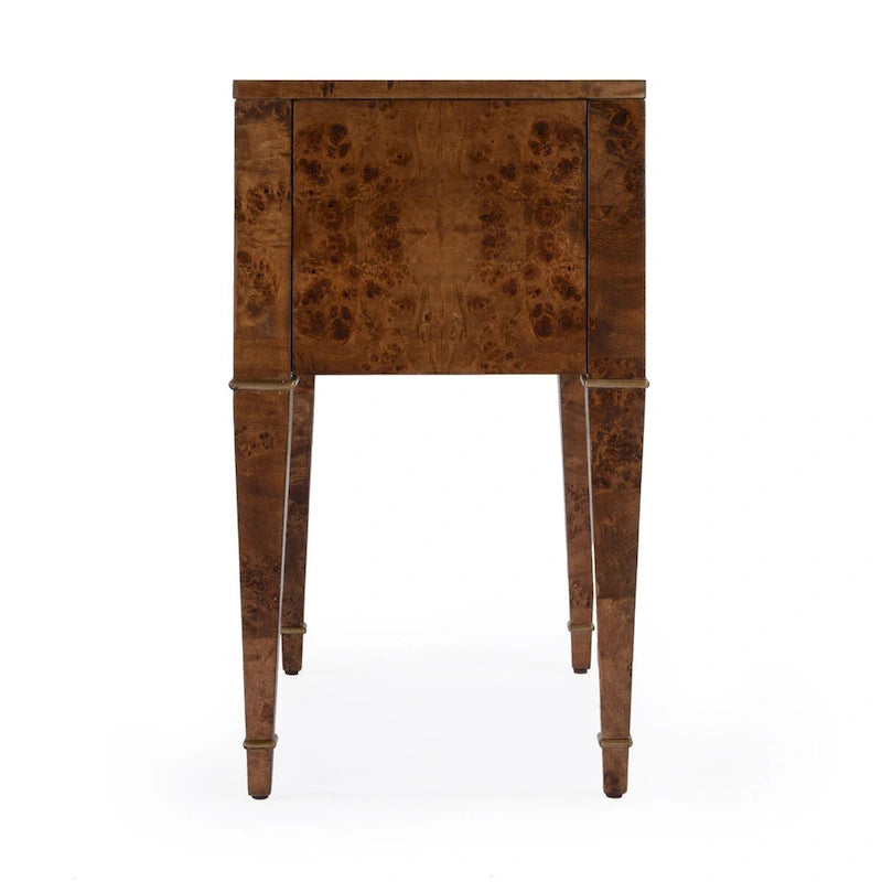 Table d'appoint placage loupe avec 2 tiroirs et pieds coniques dorés, style Mid-Century