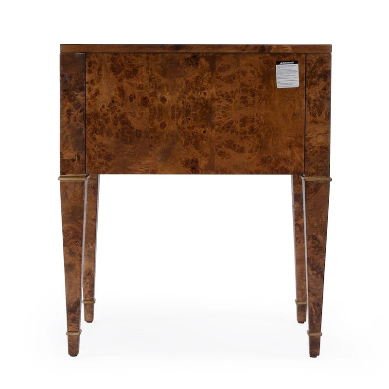 Table d'appoint placage loupe avec 2 tiroirs et pieds coniques dorés, style Mid-Century