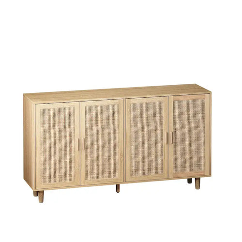 Bahut de rangement en rotin à 4 portes avec pieds en bois massif