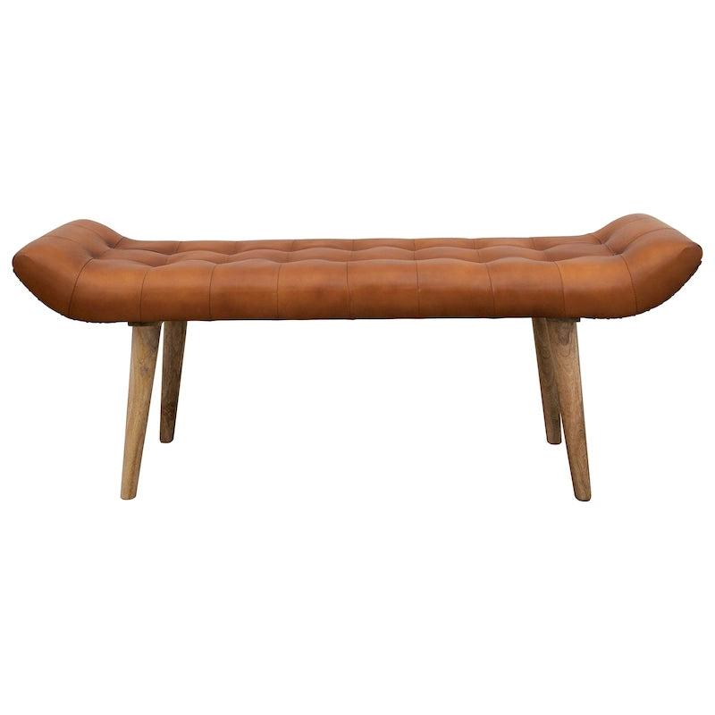 Banc en bois de manguier avec revêtement en cuir de chèvre, brun chameau