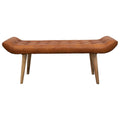 Banc en bois de manguier avec revêtement en cuir de chèvre, brun chameau