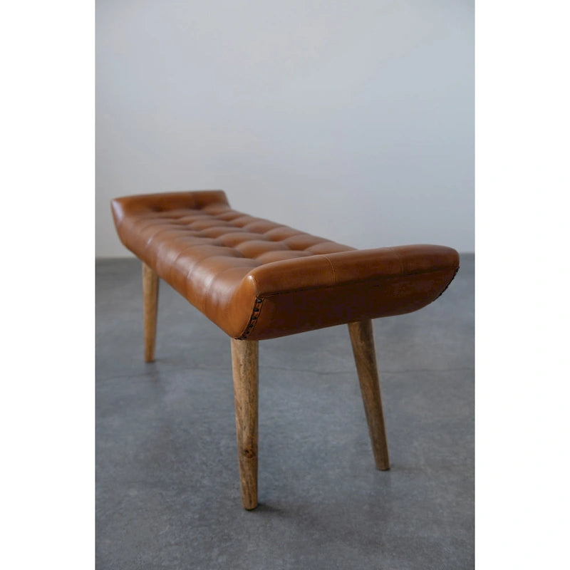 Banc en bois de manguier avec revêtement en cuir de chèvre, brun chameau