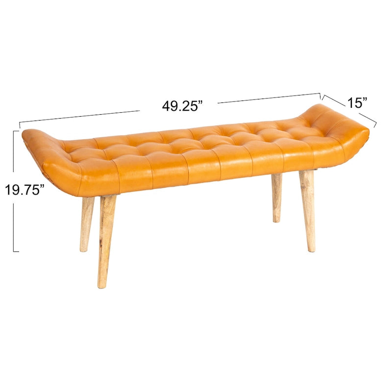 Banc en bois de manguier avec revêtement en cuir de chèvre, brun chameau