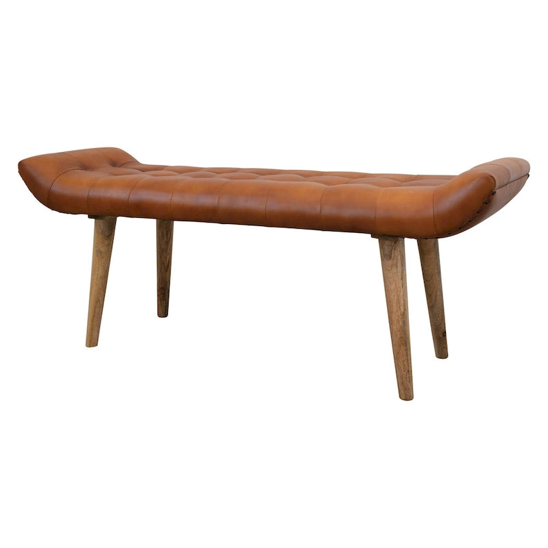 Banc en bois de manguier avec revêtement en cuir de chèvre, brun chameau