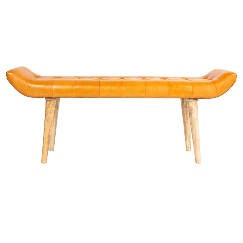 Banc en bois de manguier avec revêtement en cuir de chèvre, brun chameau