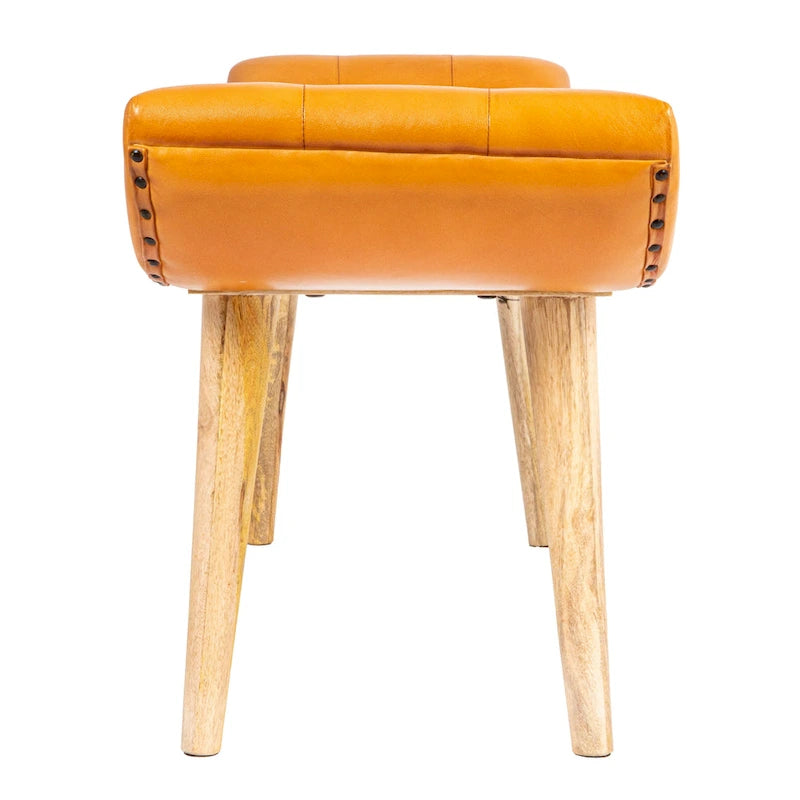 Banc en bois de manguier avec revêtement en cuir de chèvre, brun chameau