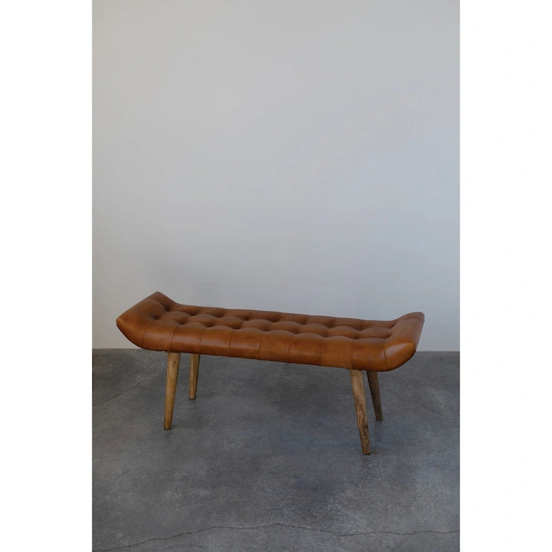 Banc en bois de manguier avec revêtement en cuir de chèvre, brun chameau