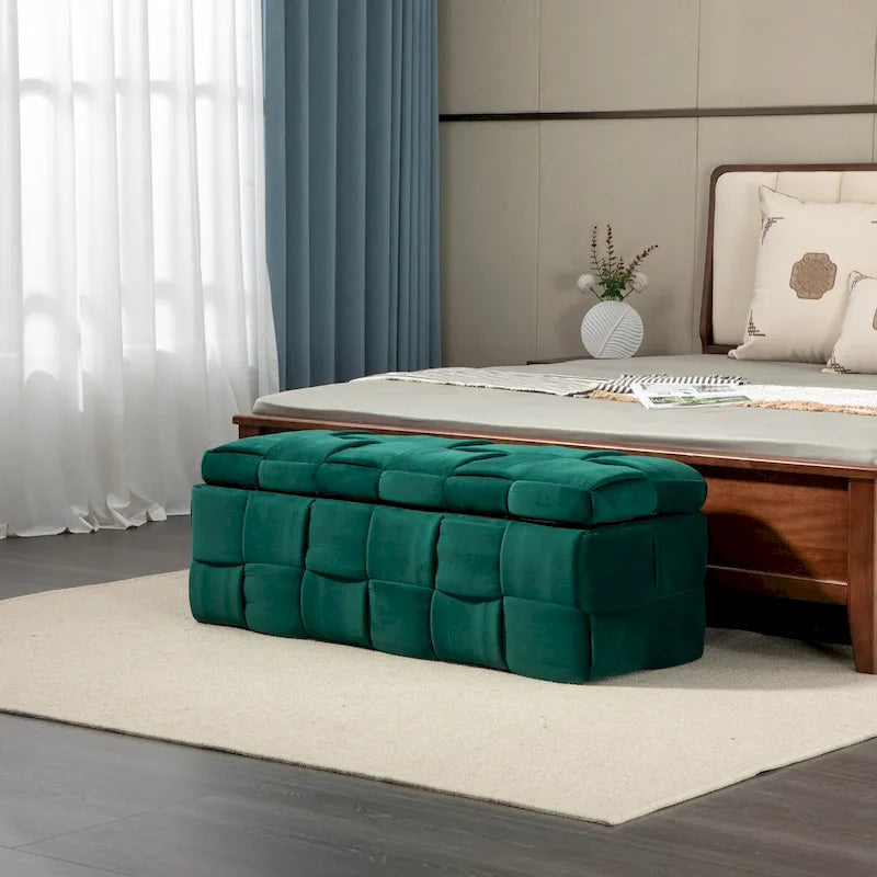 Banc de rangement capitonné en velours avec couvercle à charnière de sécurité et assise en mousse haute densité