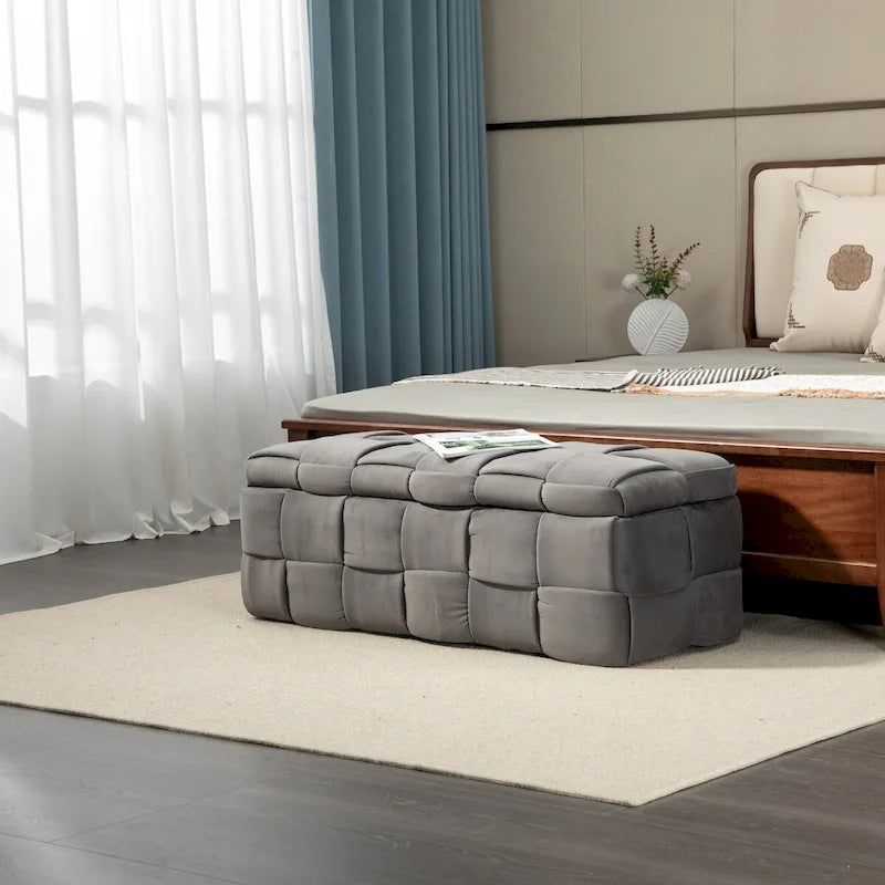 Banc de rangement capitonné en velours avec couvercle à charnière de sécurité et assise en mousse haute densité