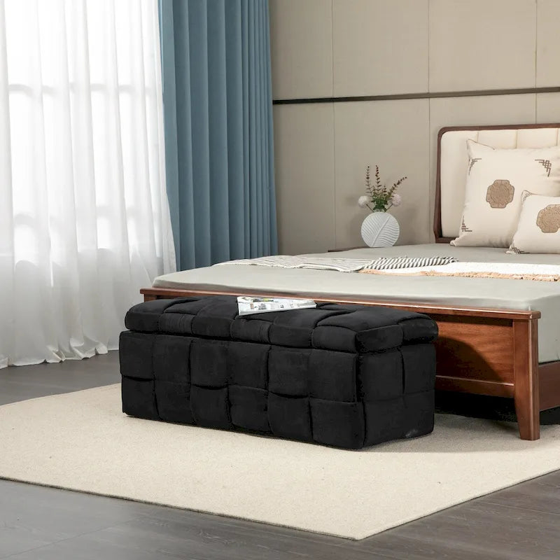 Banc de rangement capitonné en velours avec couvercle à charnière de sécurité et assise en mousse haute densité