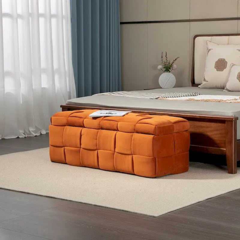 Banc de rangement capitonné en velours avec couvercle à charnière de sécurité et assise en mousse haute densité