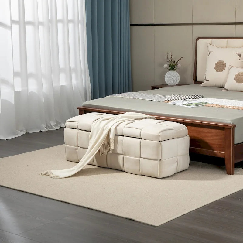 Banc de rangement capitonné en velours avec couvercle à charnière de sécurité et assise en mousse haute densité