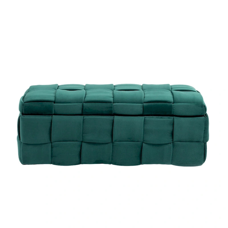 Banc de rangement capitonné en velours avec couvercle à charnière de sécurité et assise en mousse haute densité