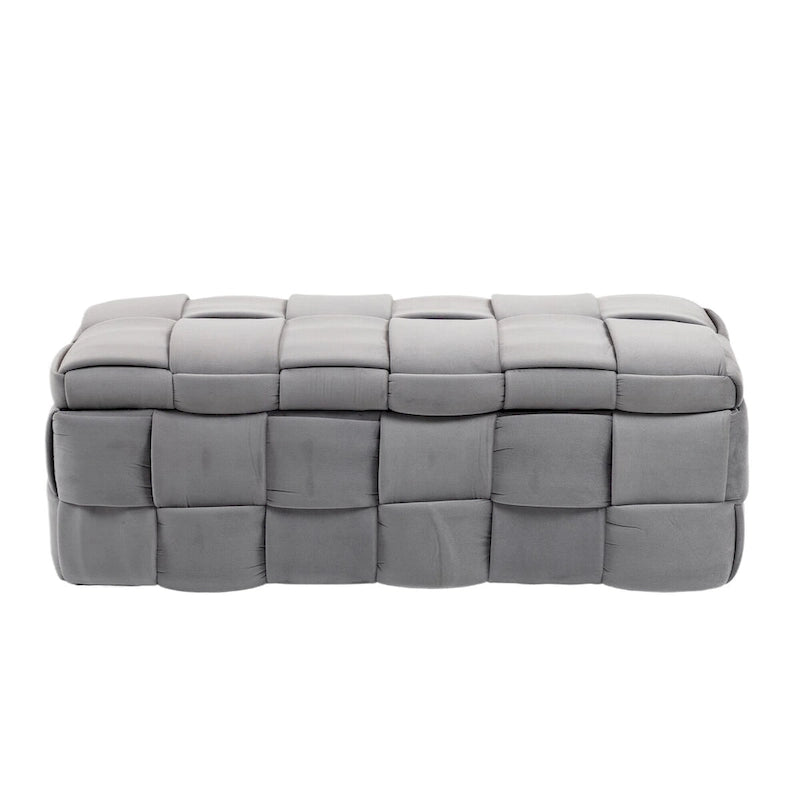Banc de rangement capitonné en velours avec couvercle à charnière de sécurité et assise en mousse haute densité