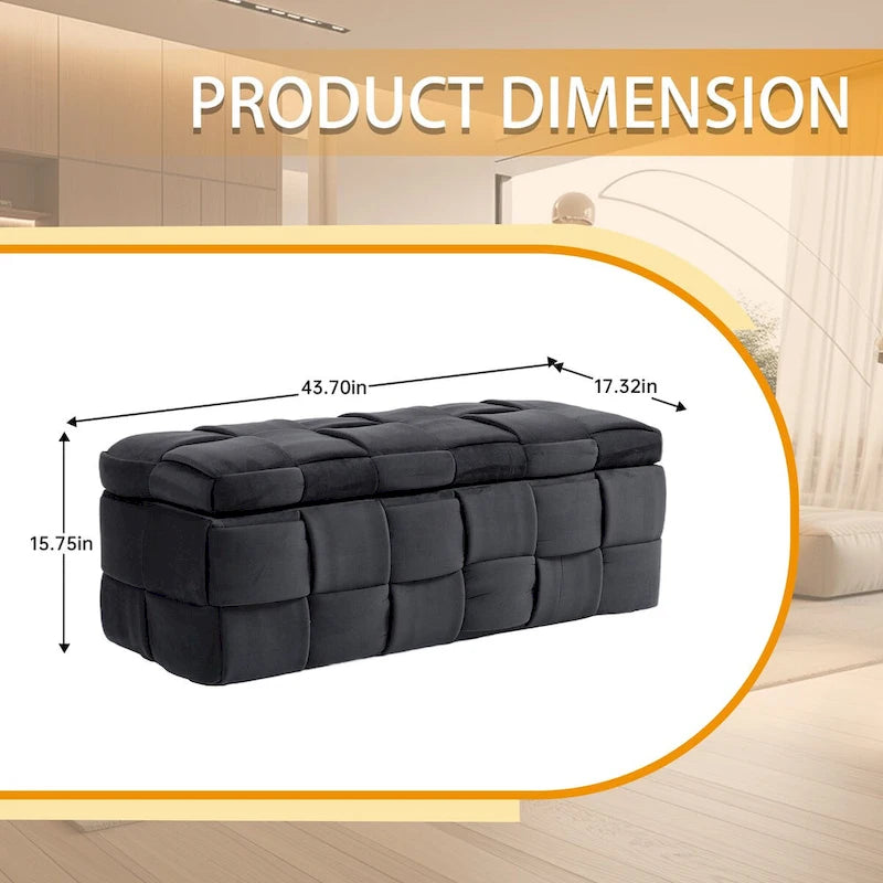 Banc de rangement capitonné en velours avec couvercle à charnière de sécurité et assise en mousse haute densité